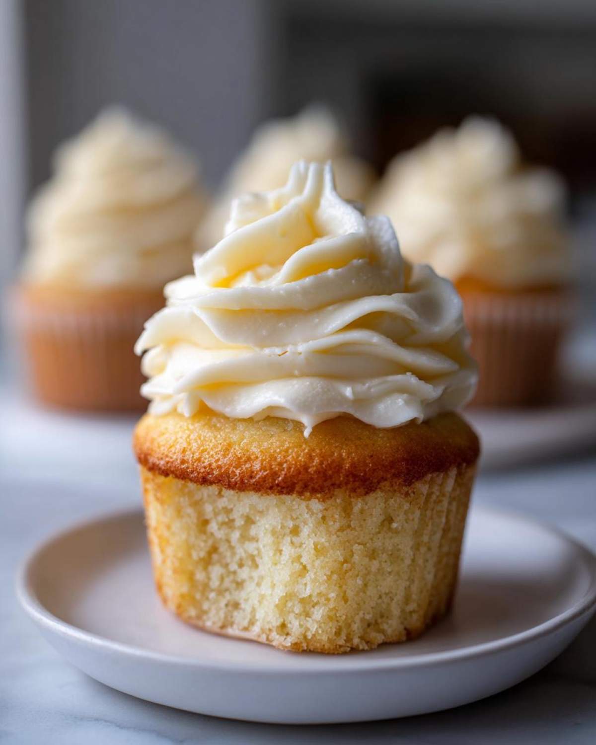 Close-up of a fluffy vanilla cupcakes with a generous swirl of white vanilla buttercream frosting.