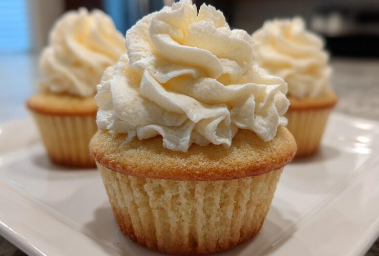 Close-up of a perfectly baked vanilla cupcake topped with a swirl of creamy white vanilla frosting.