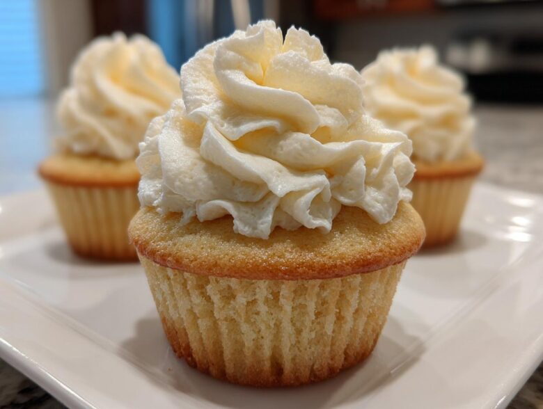 Close-up of a perfectly baked vanilla cupcake topped with a swirl of creamy white vanilla frosting.