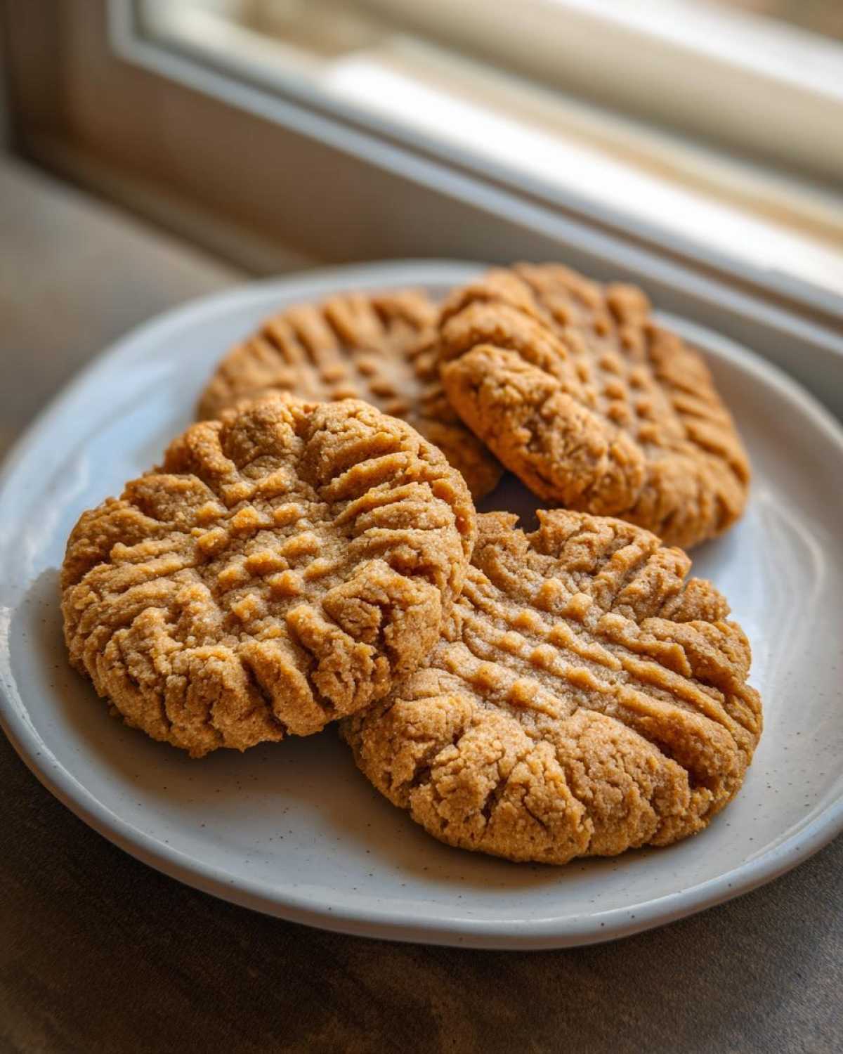 Four freshly baked peanut butter cookies with classic crisscross fork marks resting on a light speckled plate.