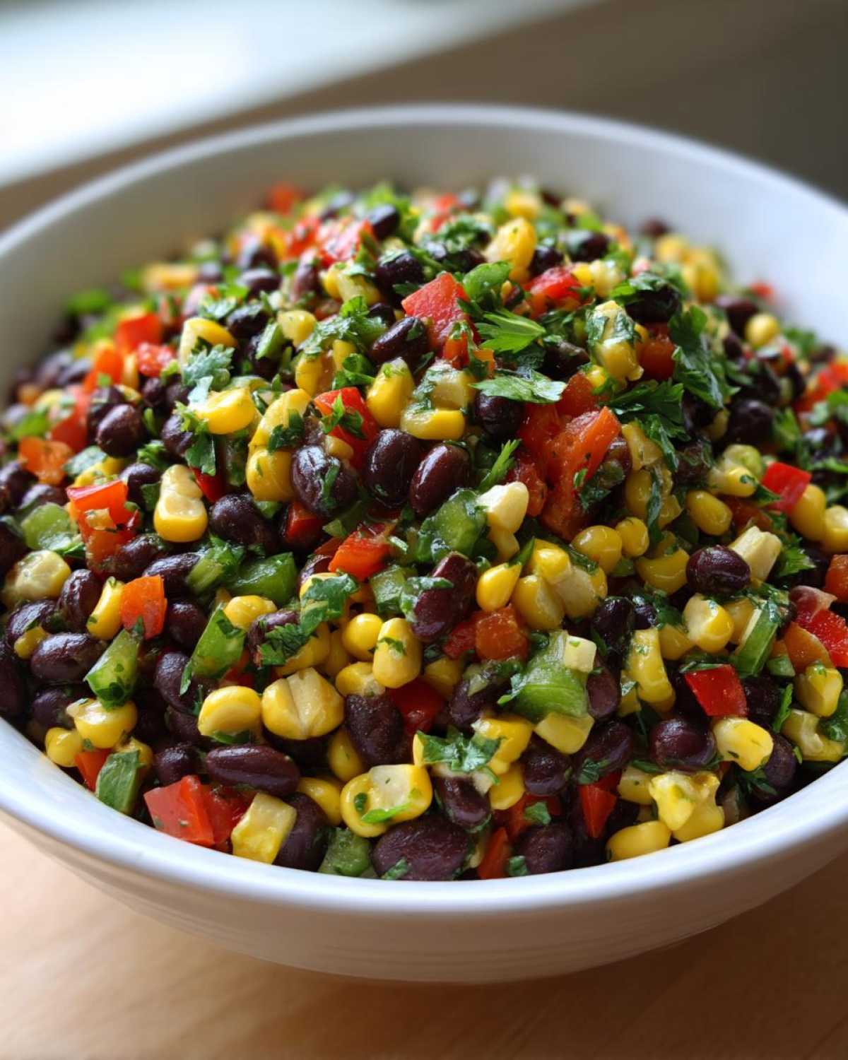 Close-up of vibrant cowboy caviar dip featuring black beans, corn, red peppers, and cilantro in a white bowl.