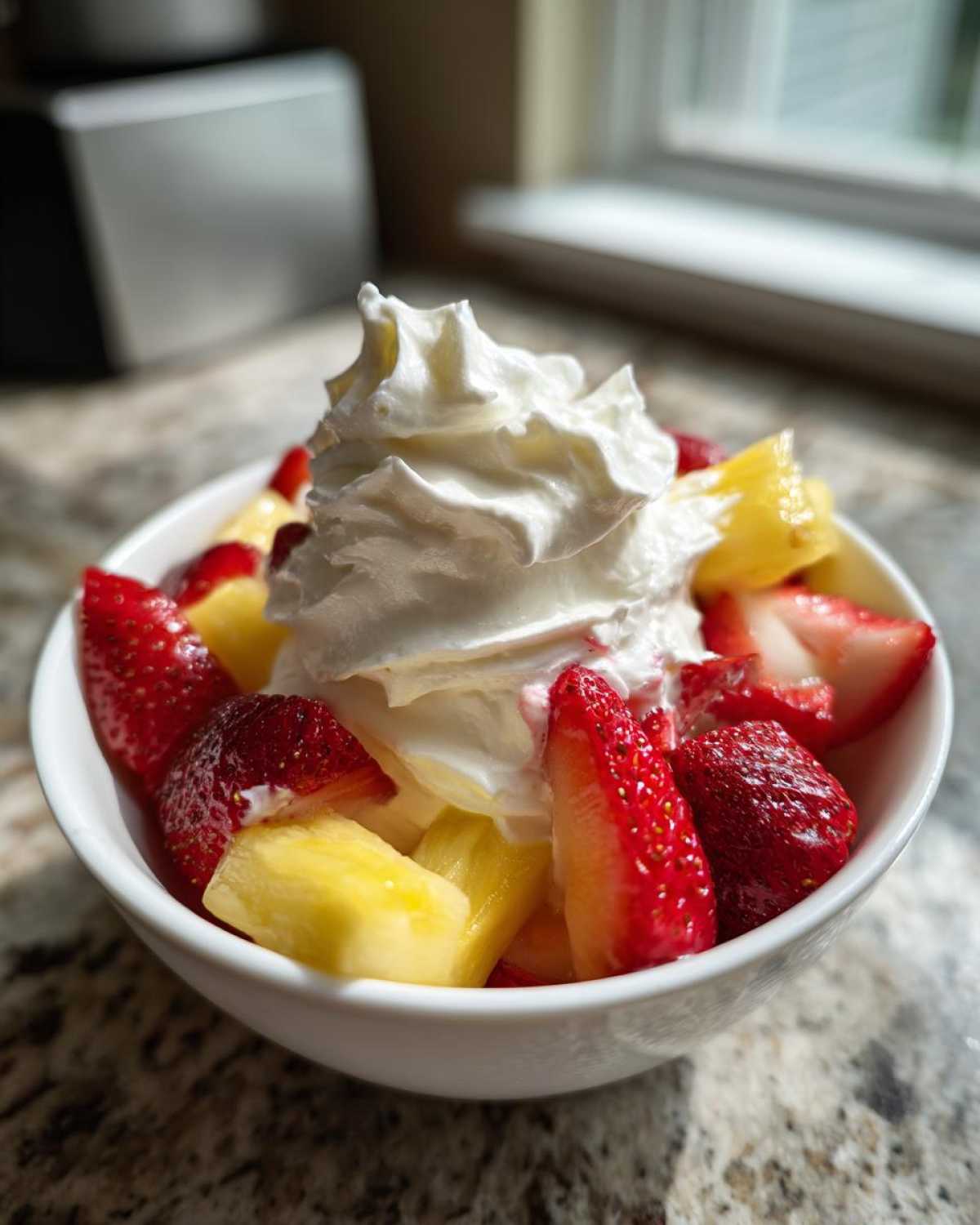 A white bowl filled with fresh strawberries and pineapple chunks topped with a large dollop of whipped cream, ready for fruit dip.