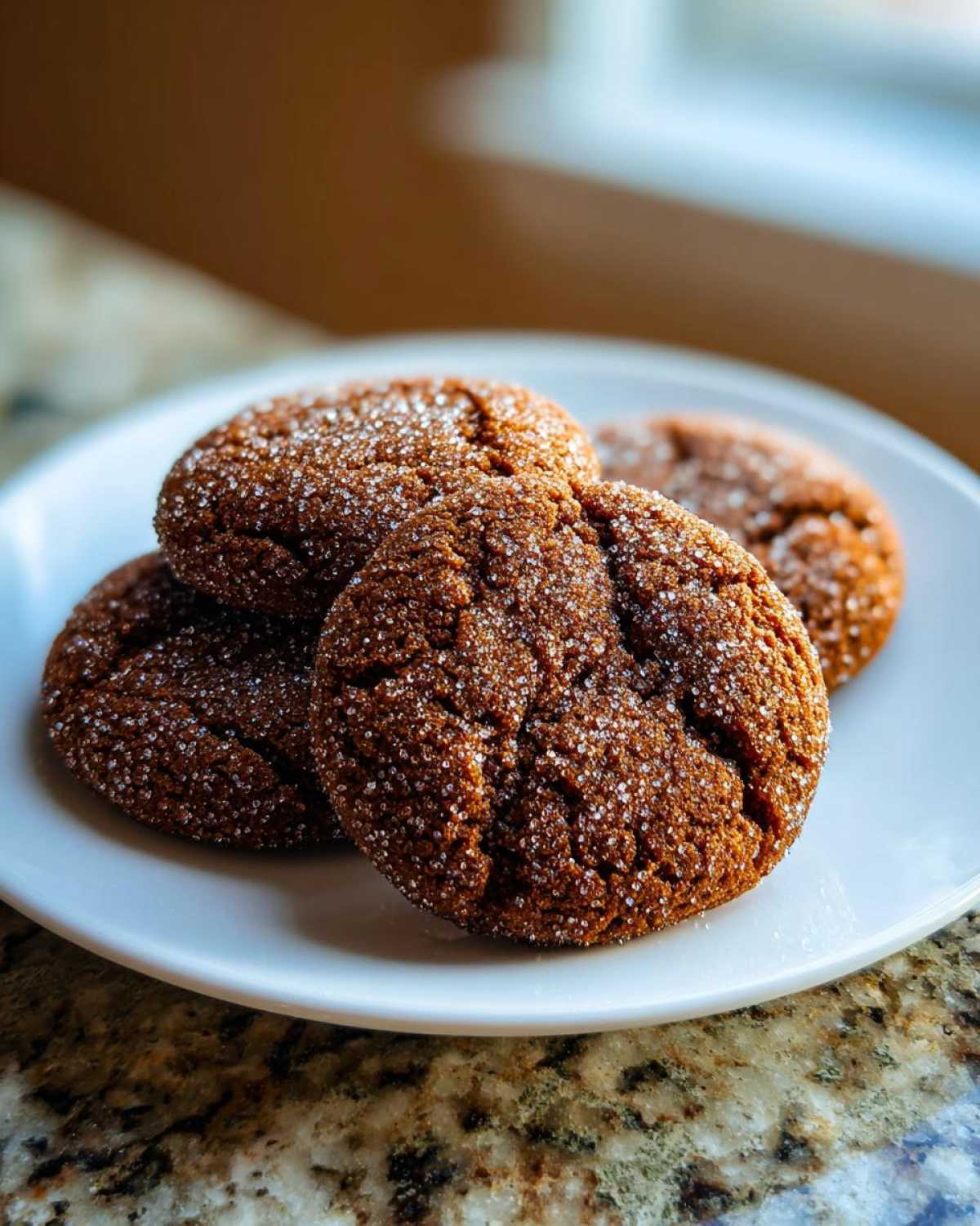 A close-up of four soft, dark gingersnap cookies rolled in sugar, resting on a white plate.