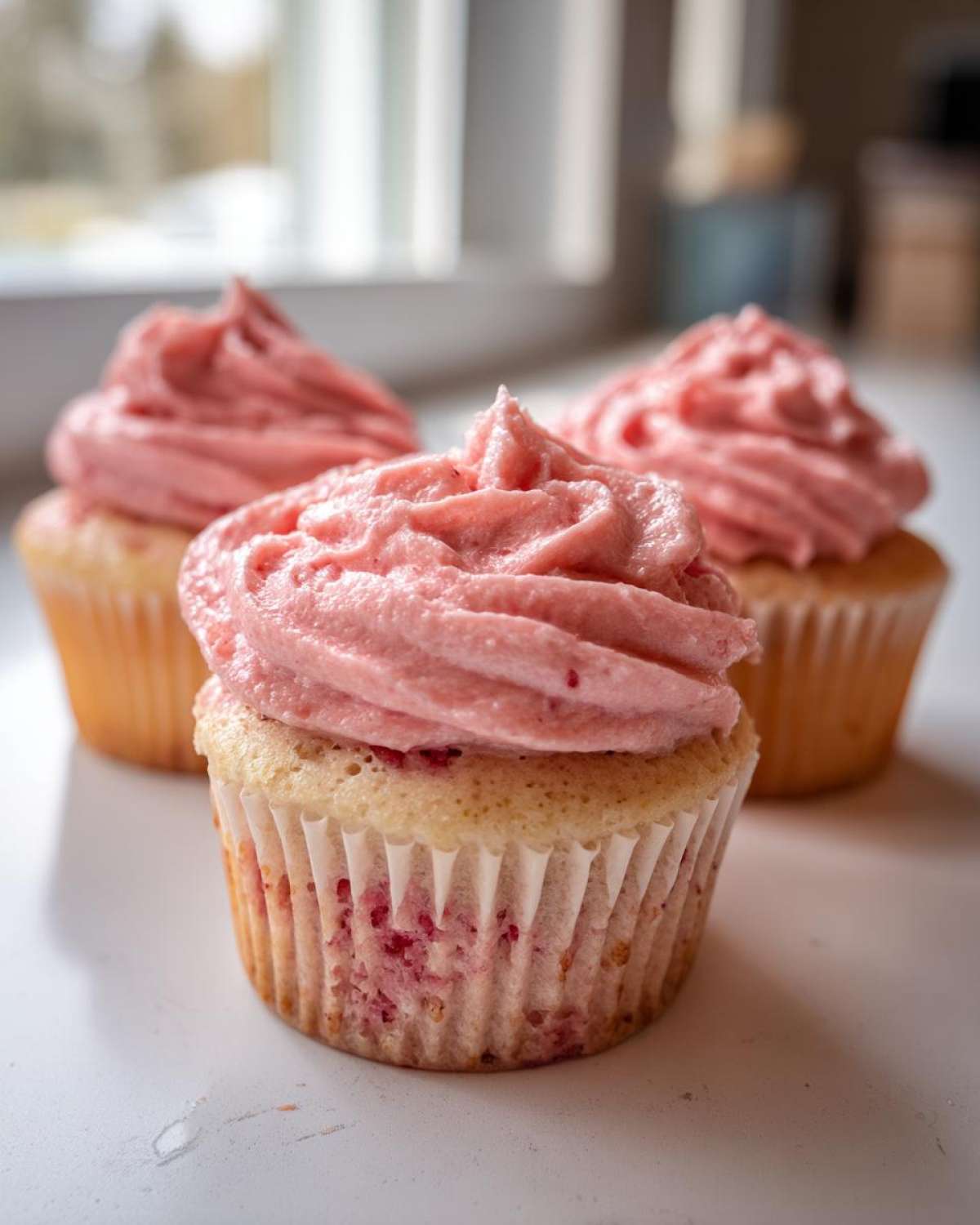 Three delicious strawberry cupcakes with swirls of bright pink strawberry frosting sitting on a white counter.