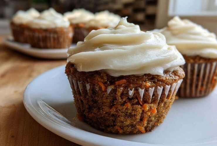 A close-up of a moist carrot cake muffin topped with thick cream cheese frosting, part of a batch of amazing carrot cake muffins.