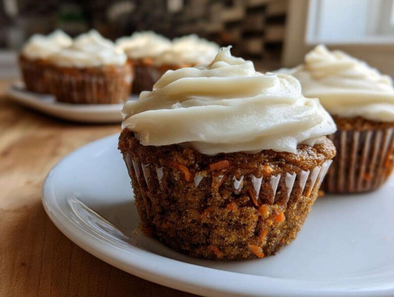 A close-up of a moist carrot cake muffin topped with thick cream cheese frosting, part of a batch of amazing carrot cake muffins.
