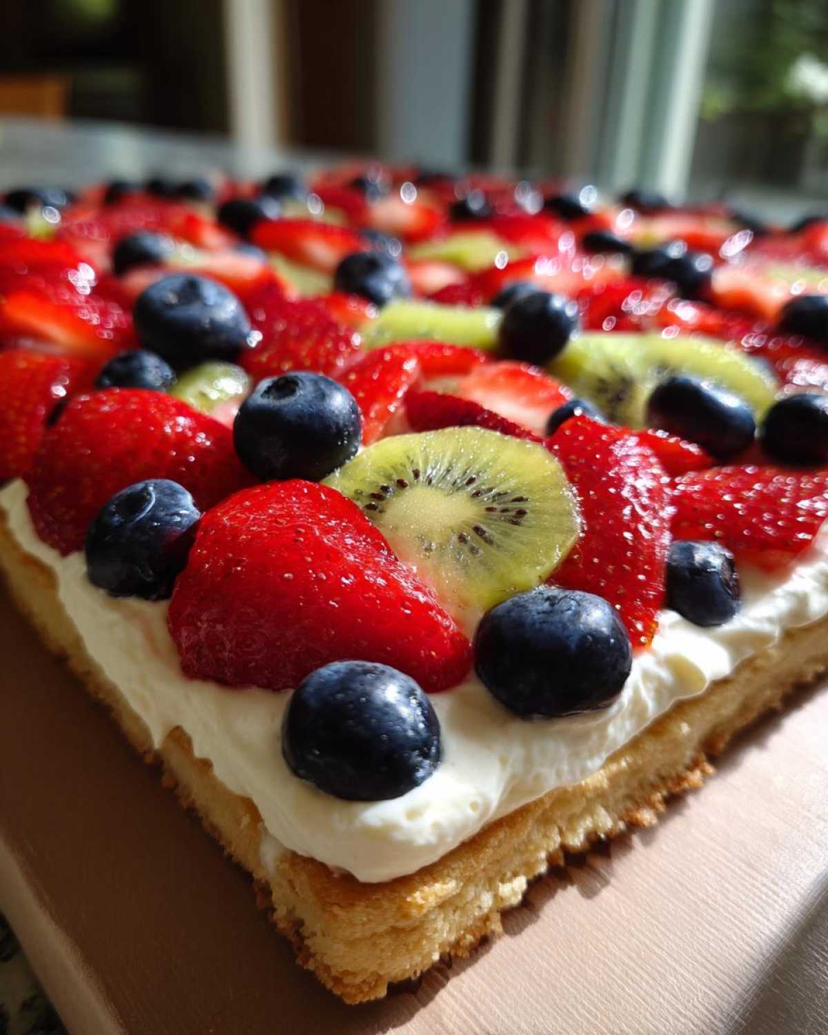 Close-up of a freshly baked fruit pizza sugar cookie topped with cream cheese frosting, strawberries, blueberries, and kiwi slices.