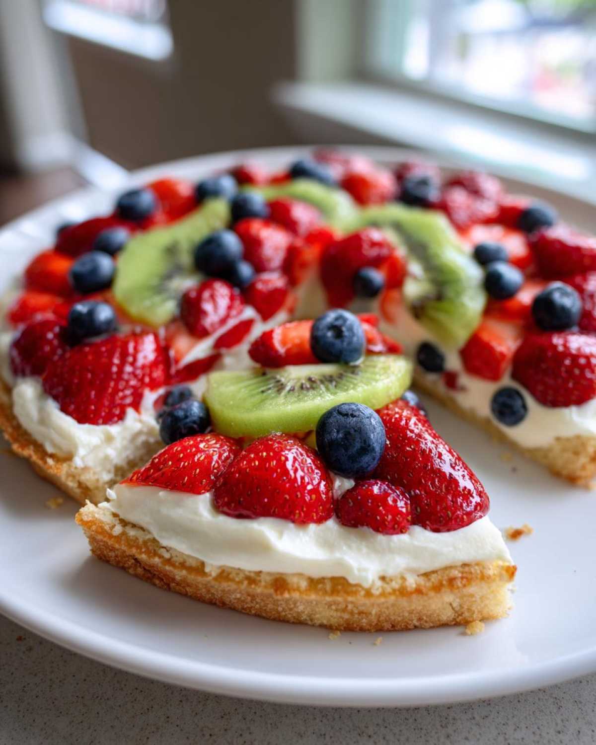 A slice of fruit pizza sugar cookie topped with cream cheese frosting, strawberries, blueberries, and kiwi.