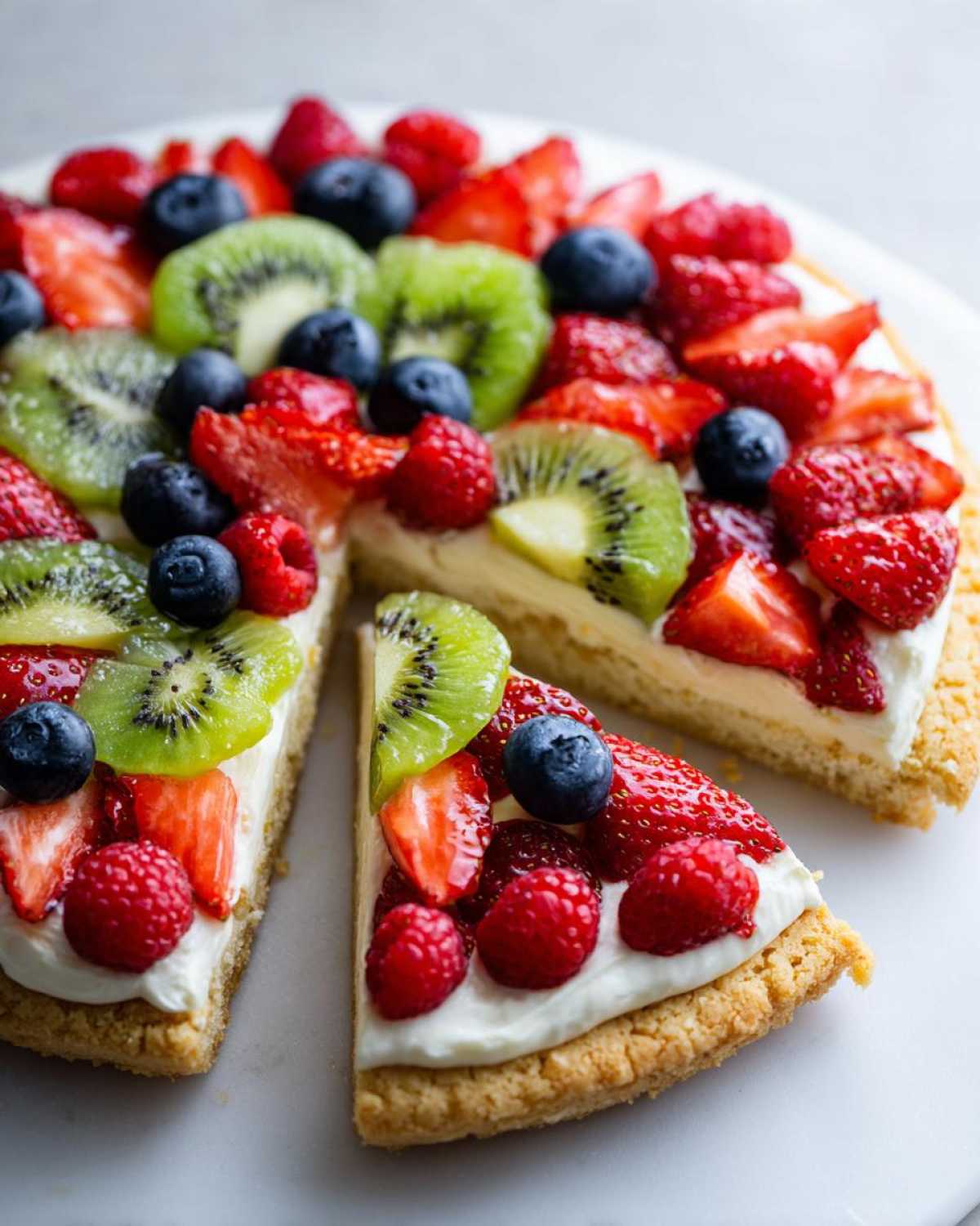 Close-up of a fruit pizza sugar cookie topped with cream cheese frosting, strawberries, kiwi, blueberries, and raspberries.