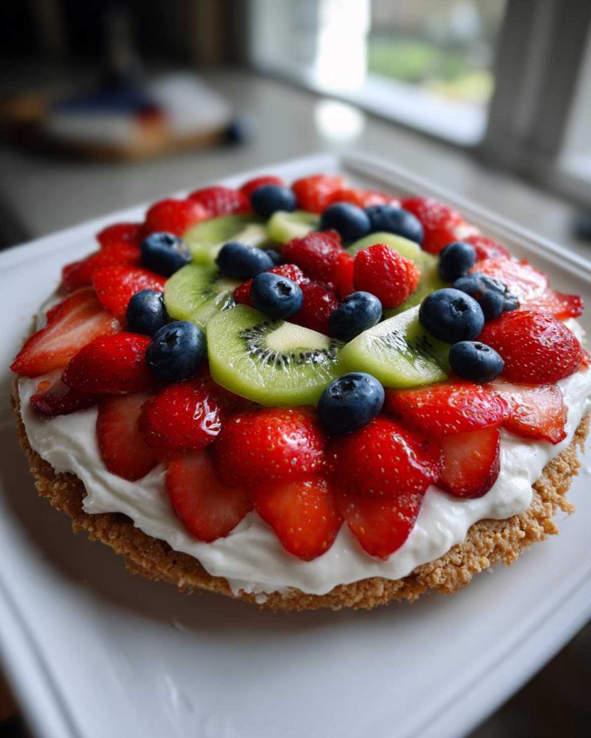 A vibrant fruit pizza sugar cookie topped with cream cheese frosting, sliced strawberries, kiwi, and blueberries.