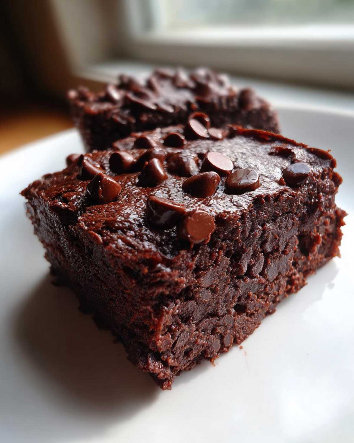 Close-up of two fudgy black bean brownies squares topped generously with melted chocolate chips on a white plate.
