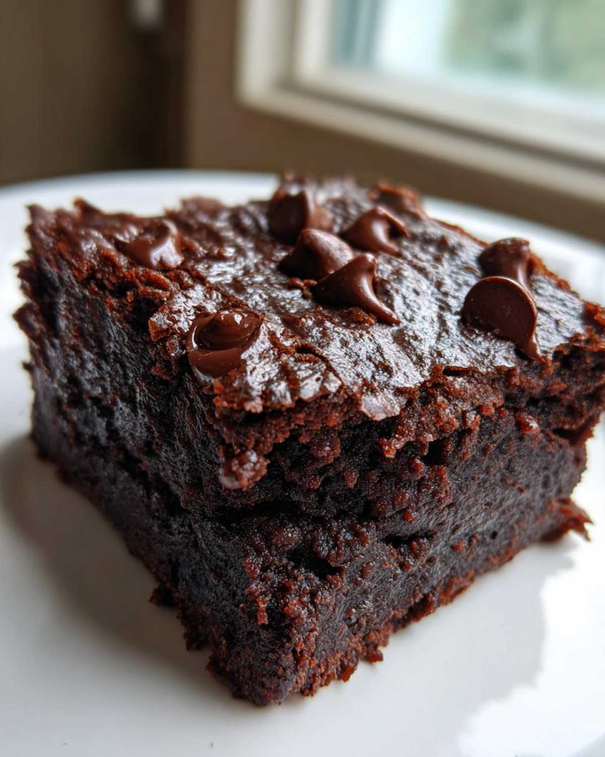 Close-up of a thick, fudgy square of black bean brownies topped with melted chocolate chips.