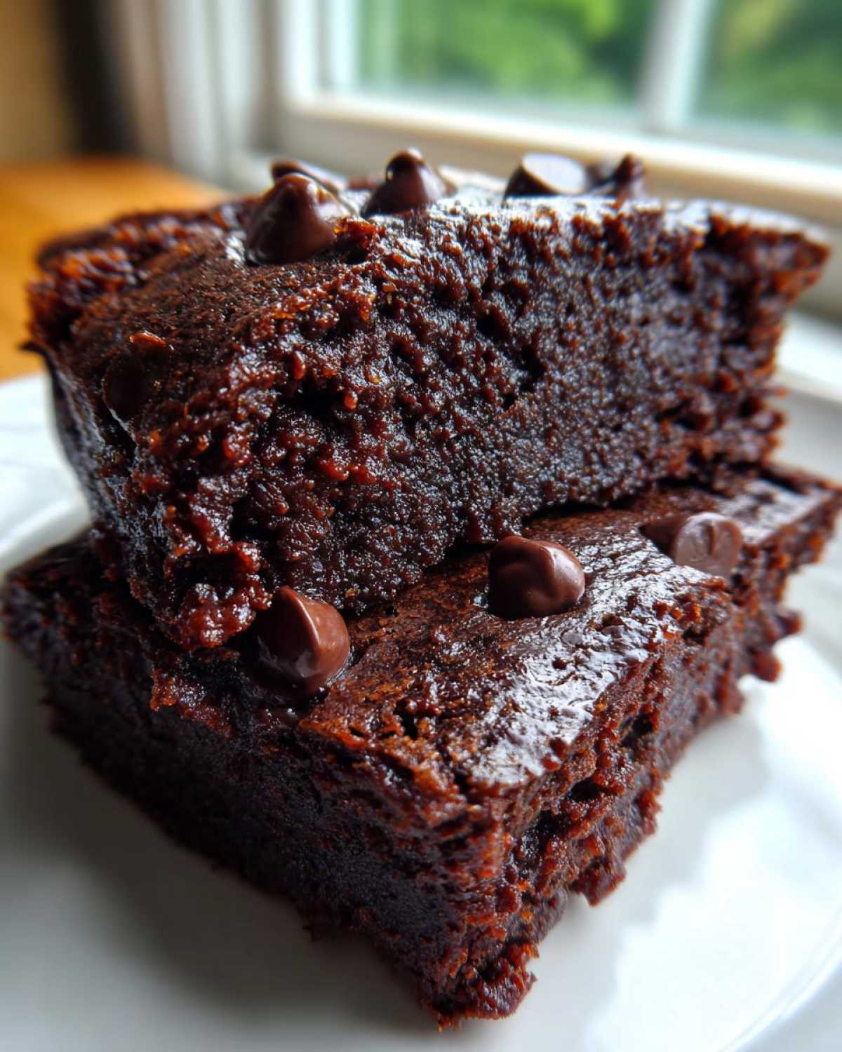 Two fudgy black bean brownies stacked on a white plate, topped with melted chocolate chips.