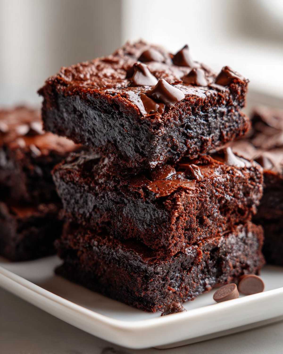 A stack of three fudgy black bean brownies topped with melted chocolate chips on a white plate.