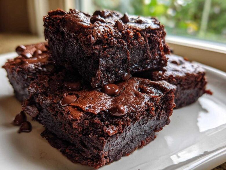 Close-up of fudgy black bean brownies stacked on a white plate, topped with melted chocolate chips.