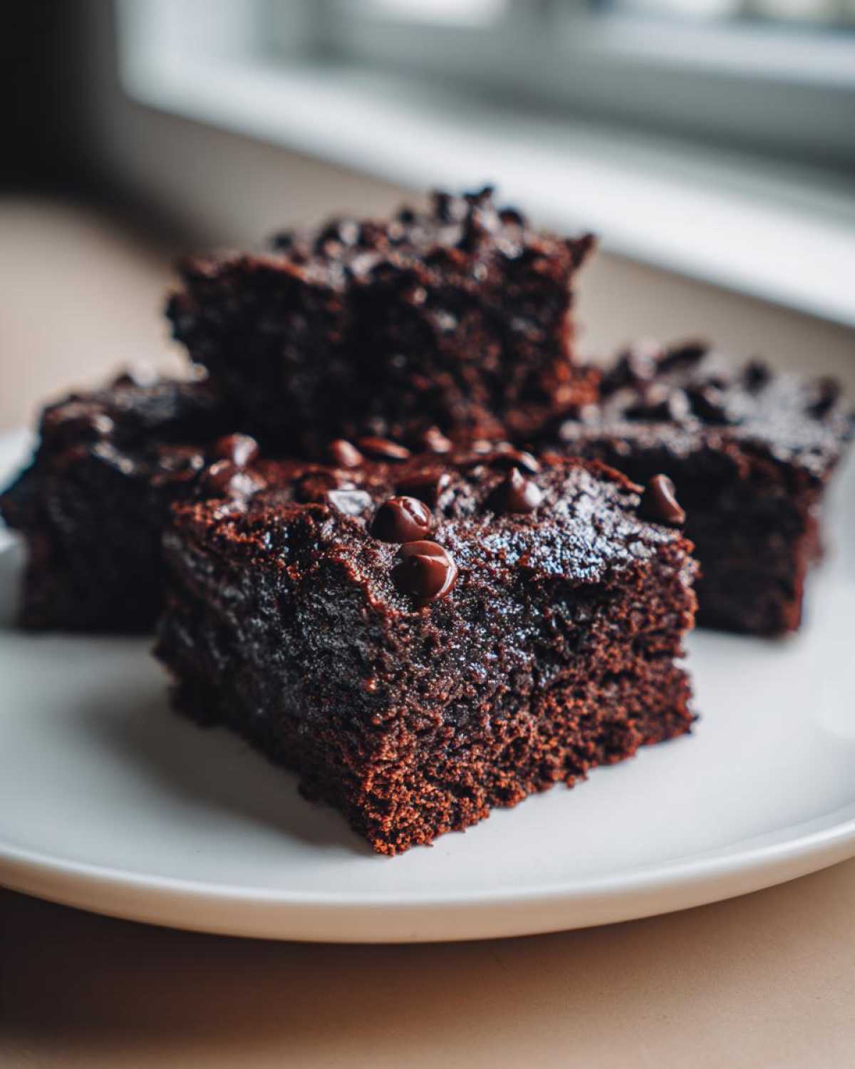 Close-up of fudgy sweet potato brownies squares topped with melted chocolate chips on a white plate.