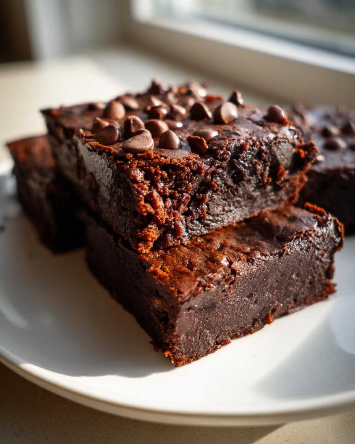 Close-up of fudgy sweet potato brownies stacked on a white plate, topped with chocolate chips.