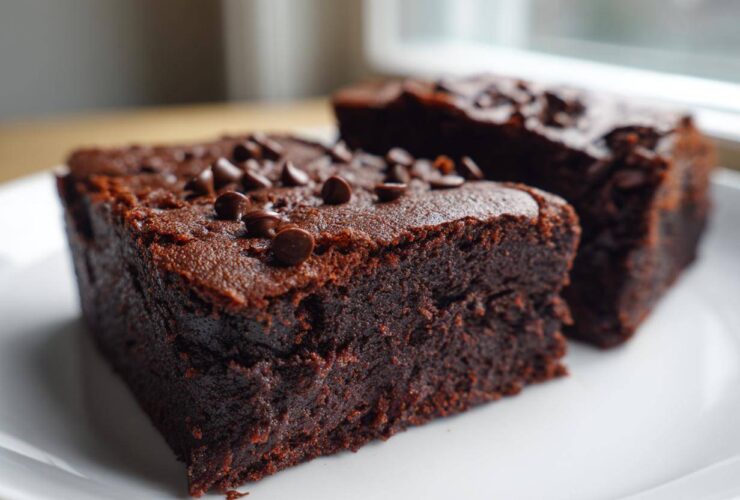 Two fudgy sweet potato brownies topped with chocolate chips served on a white plate.