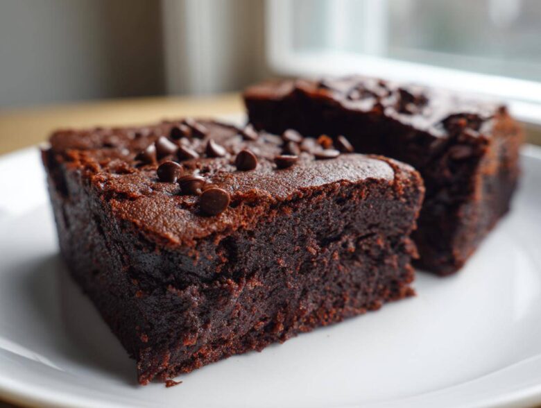Two fudgy sweet potato brownies topped with chocolate chips served on a white plate.