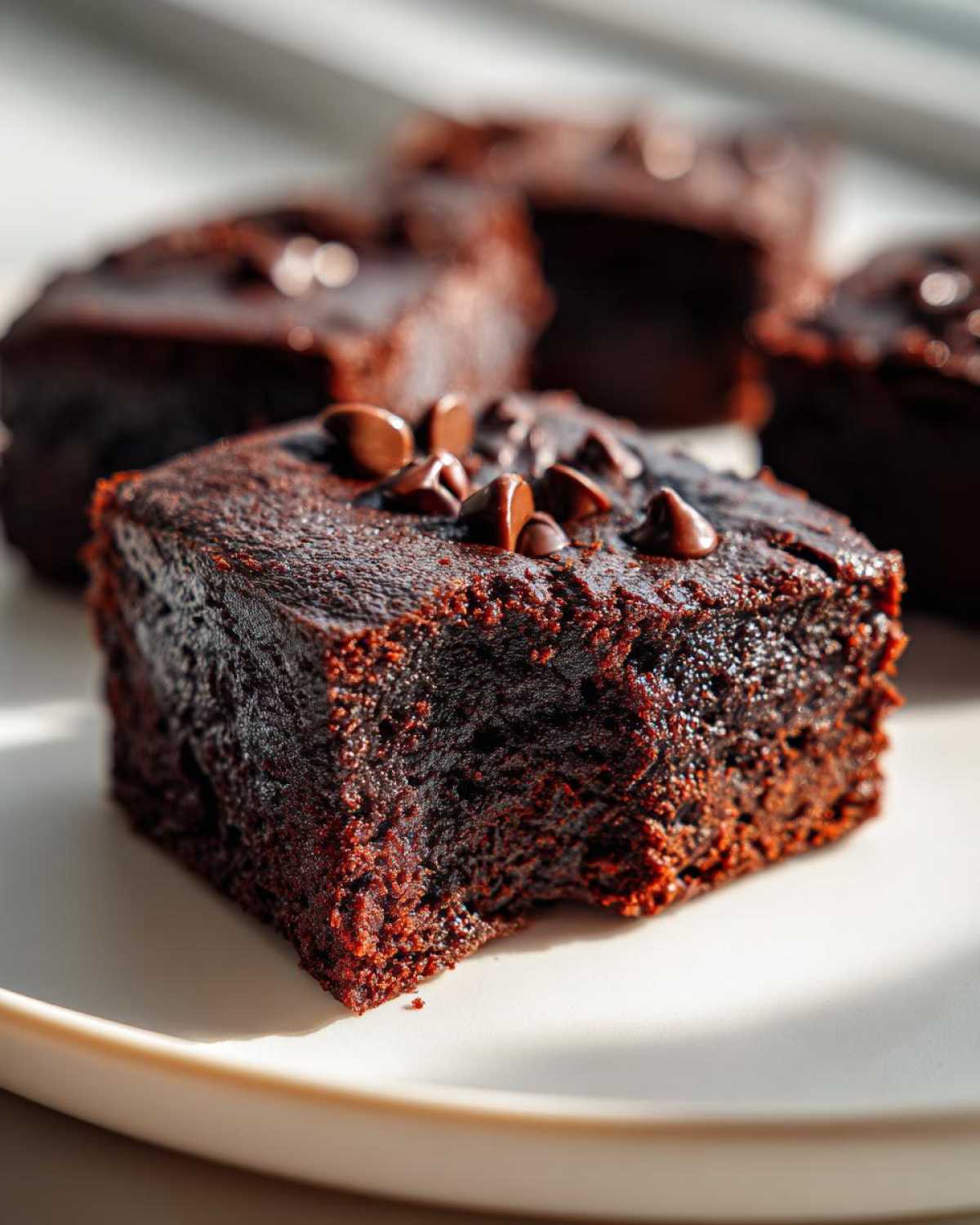 Close-up of a fudgy sweet potato brownies square topped with chocolate chips on a white plate.