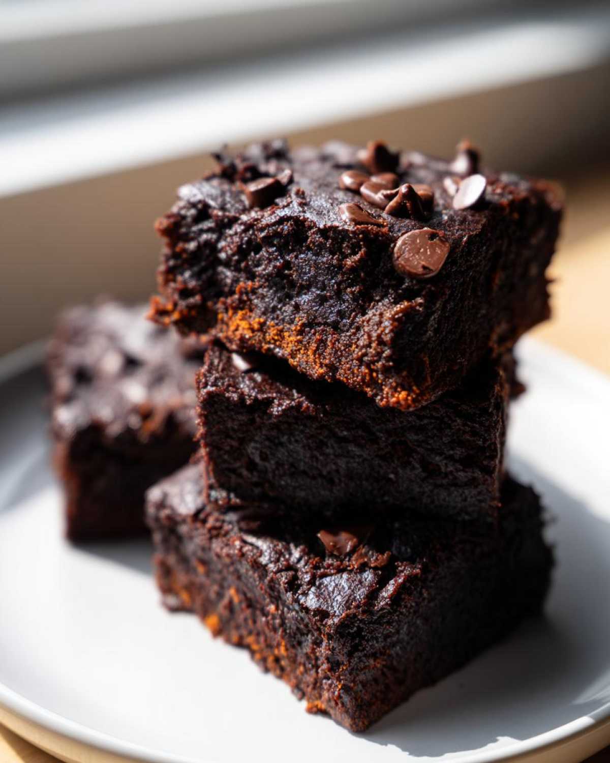 A stack of three fudgy sweet potato brownies topped with chocolate chips, sitting on a white plate.