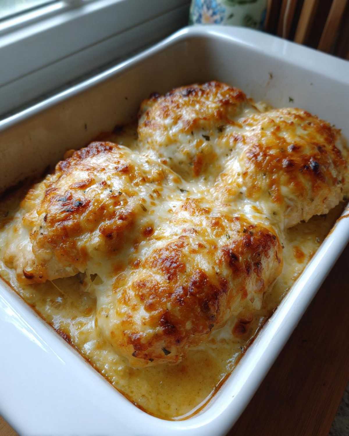 Close-up of baked Garlic parmesan chicken bake topped with melted, browned cheese in a white baking dish.