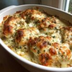 Close-up of baked chicken pieces smothered in creamy sauce and topped with browned, bubbly cheese and herbs, ready for Garlic parmesan chicken bake.