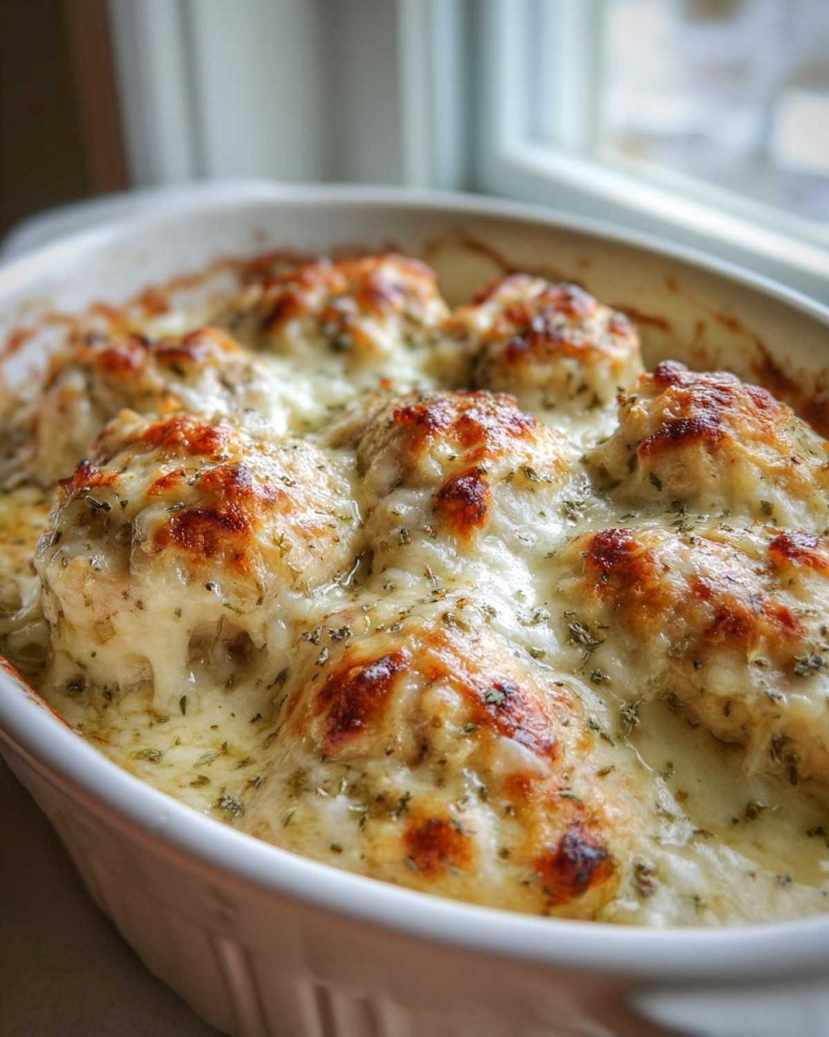 Close-up of a white baking dish filled with bubbling Garlic Parmesan Chicken Bake topped with browned, melted cheese and herbs.