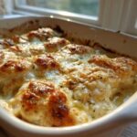 Close-up of a white baking dish filled with bubbling Garlic parmesan chicken bake topped with melted, golden-brown cheese.