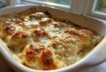 Close-up of a white baking dish filled with bubbling Garlic parmesan chicken bake topped with melted, golden-brown cheese.
