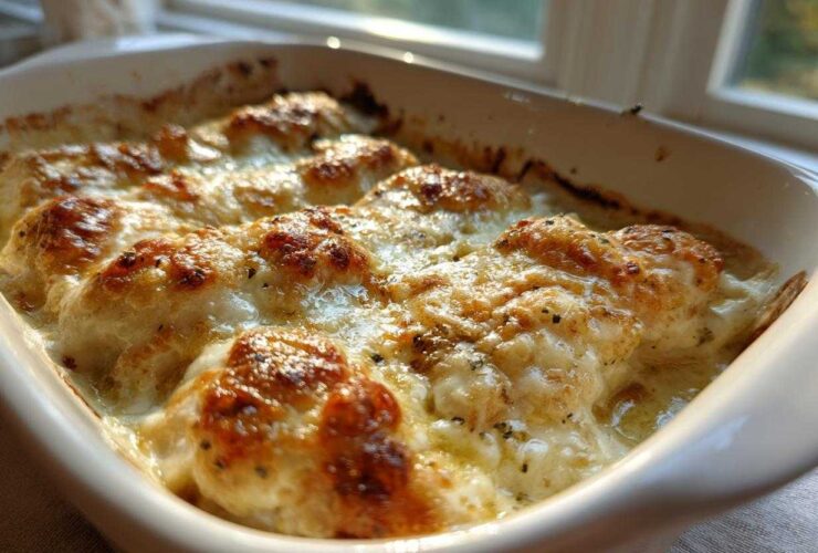 Close-up of a white baking dish filled with bubbling Garlic parmesan chicken bake topped with melted, golden-brown cheese.