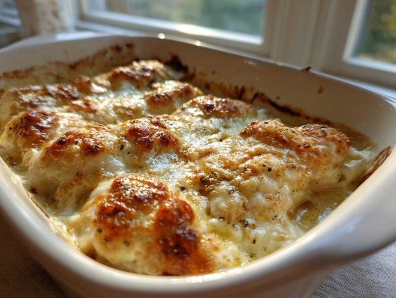 Close-up of a white baking dish filled with bubbling Garlic parmesan chicken bake topped with melted, golden-brown cheese.