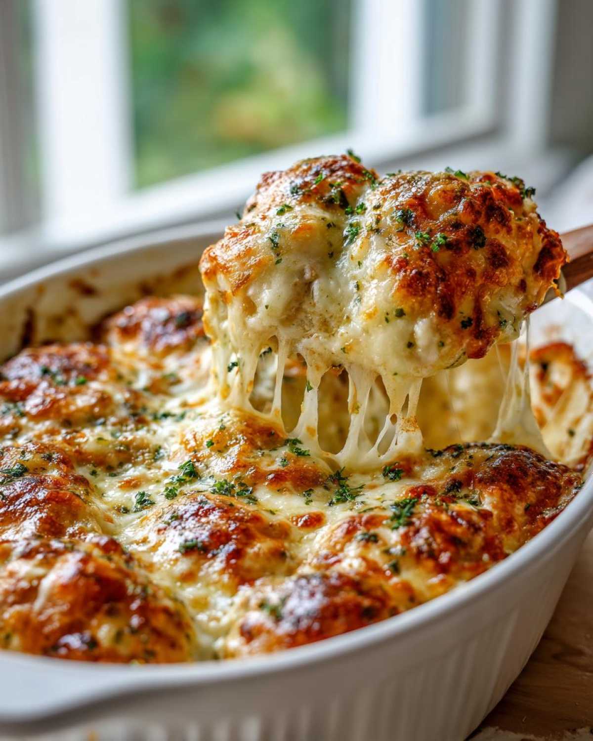 A scoop of cheesy Garlic parmesan chicken bake being lifted, showing long cheese pulls over the baked dish.