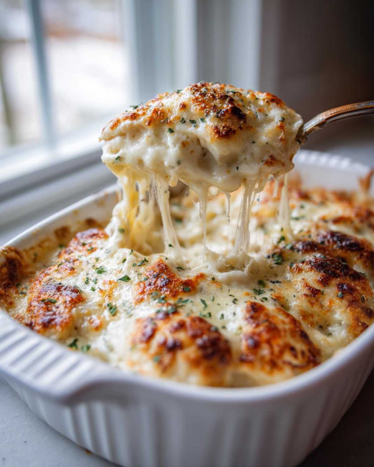 A spoonful of creamy, cheesy Garlic parmesan chicken bake being lifted from a white baking dish, showing cheese pulls.