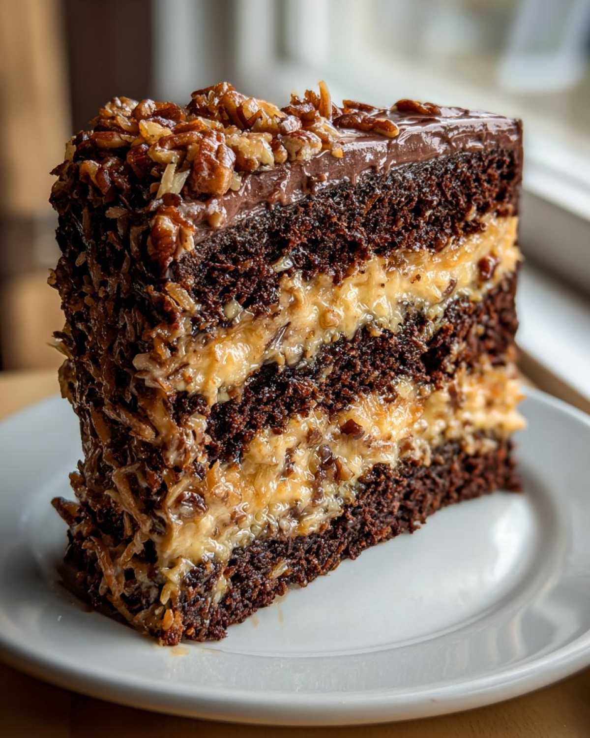 Close-up of a decadent slice of german chocolate cake recipe with rich chocolate layers and coconut-pecan frosting.