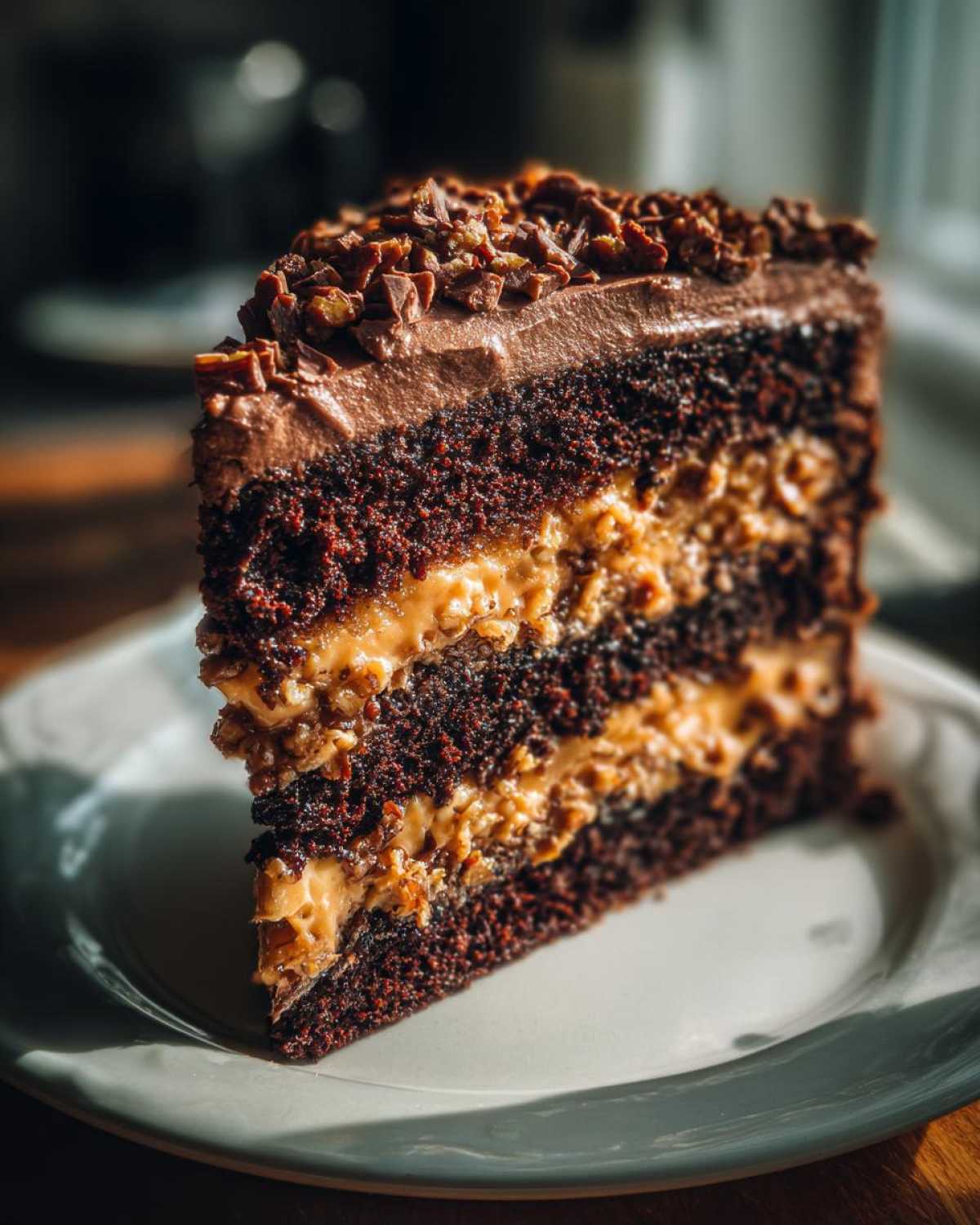 Close-up of a decadent slice of german chocolate cake recipe with multiple layers of dark cake and coconut-pecan filling.