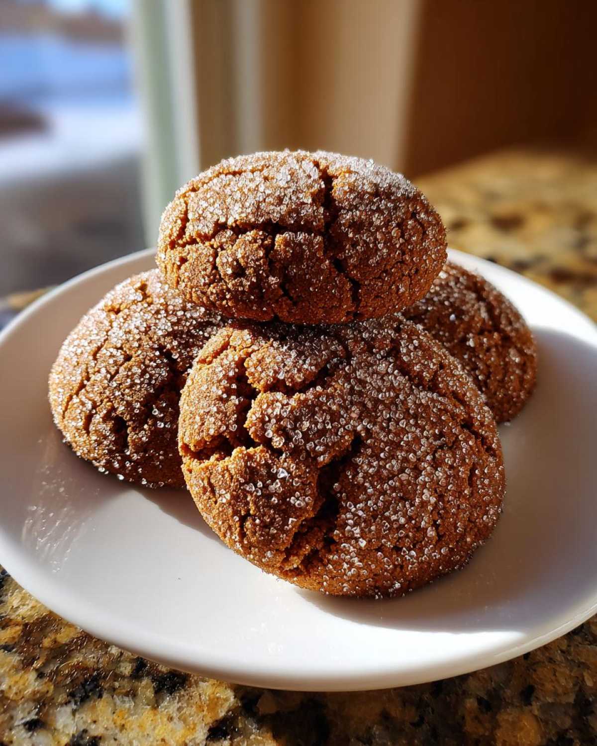 A stack of four freshly baked gingersnap cookies, heavily coated in sparkling sugar crystals, resting on a white plate.