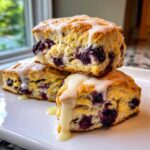 Three delicious blueberry scones stacked on a white plate, generously drizzled with white glaze.