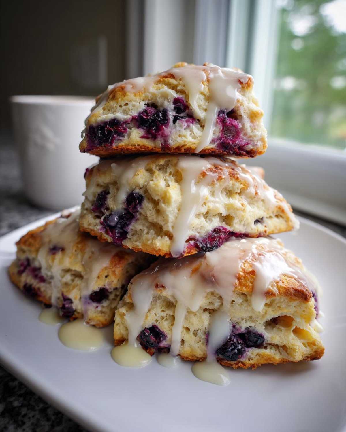 A stack of three freshly baked blueberry scones drizzled with thick white glaze, featuring visible bursts of purple blueberries.