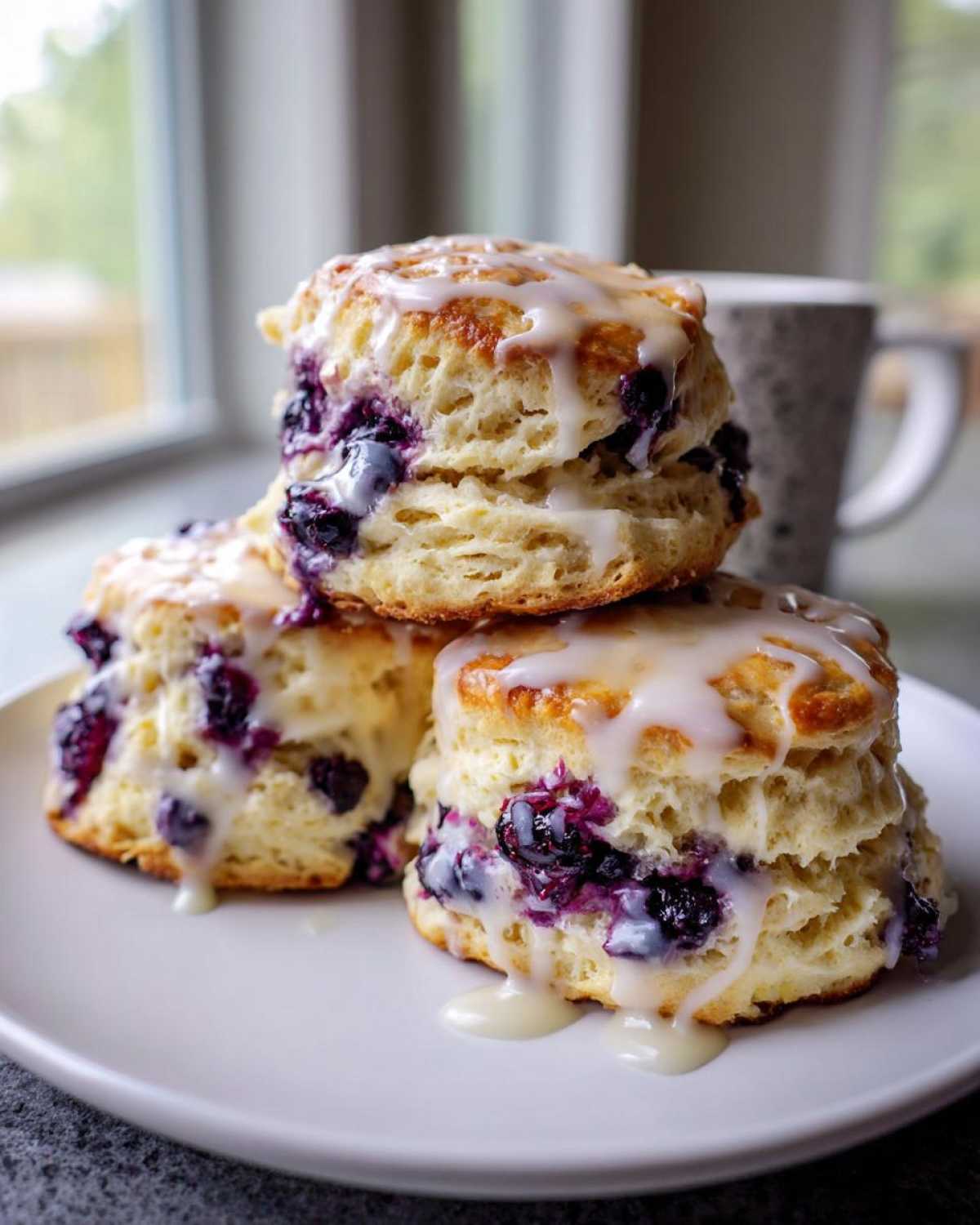 A stack of three fluffy blueberry scones drizzled with white glaze, featuring visible burst blueberries inside.