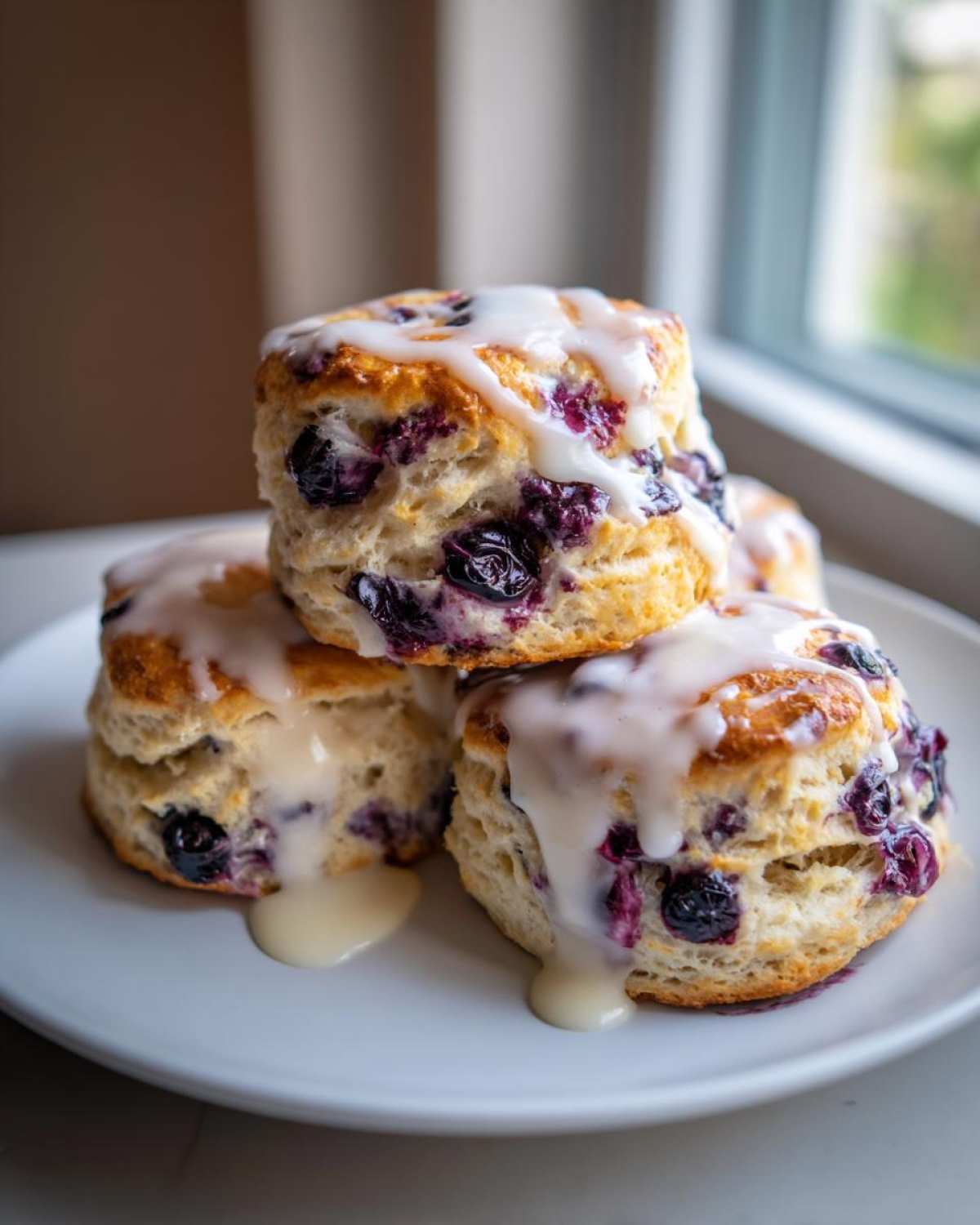 A stack of three fluffy blueberry scones generously drizzled with white vanilla glaze, sitting on a white plate.