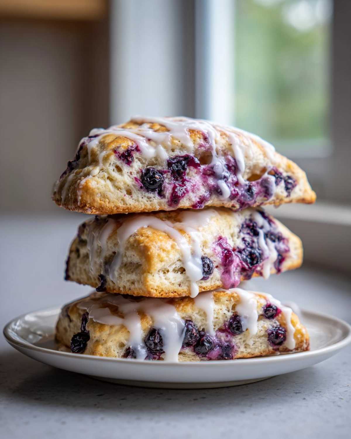 A stack of three freshly baked blueberry scones drizzled with white icing, sitting on a small plate.