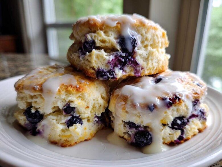 A stack of three fluffy, glazed blueberry scones bursting with fresh blueberries, served on a white plate.