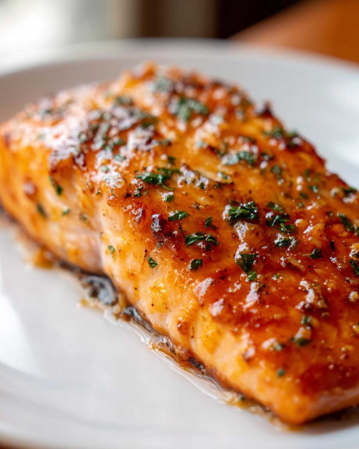 Close-up of a perfectly cooked, glazed salmon fillet topped with chopped herbs.