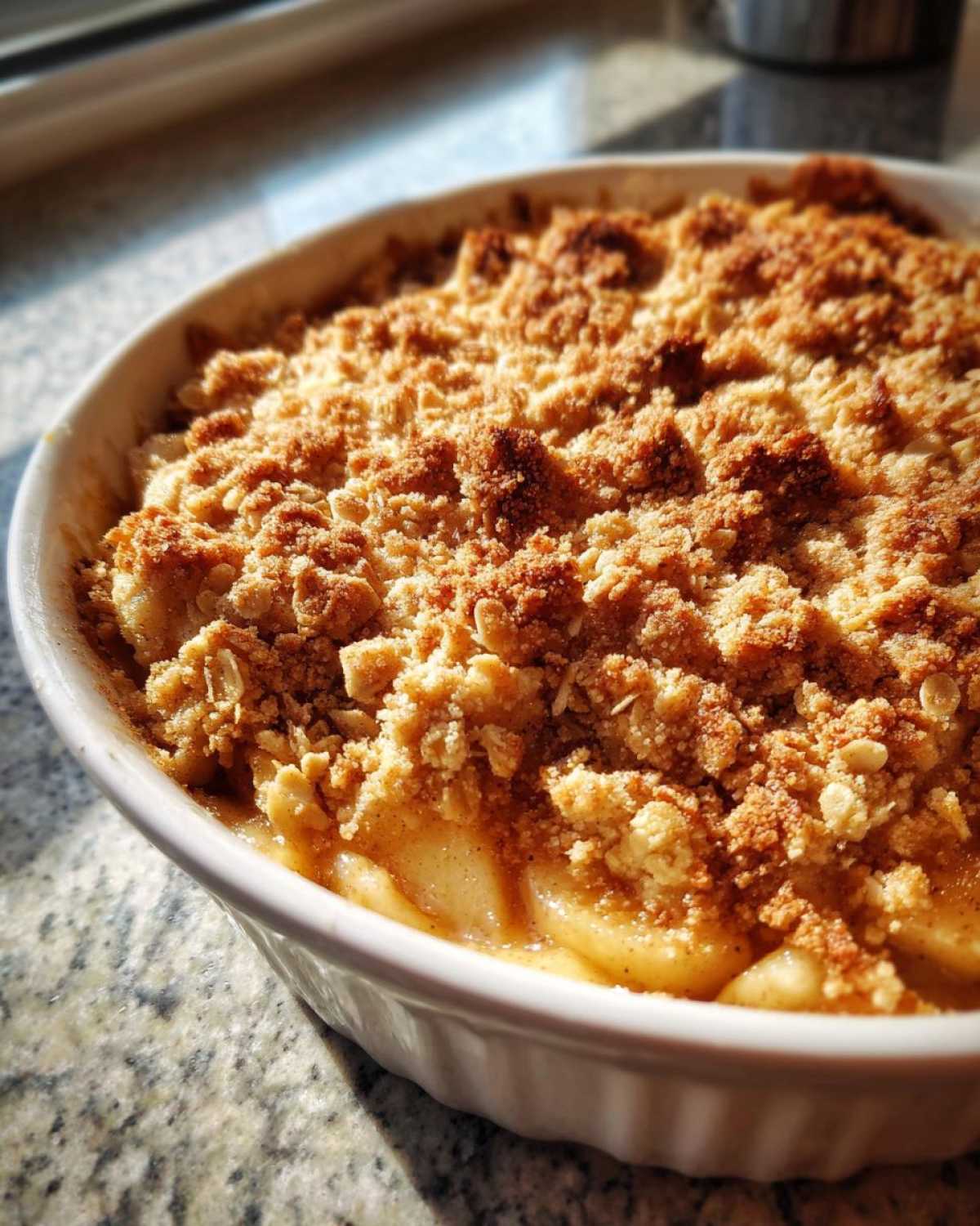 Close-up of a baked apple crisp recipe in a white ramekin with a golden, crumbly oat topping.