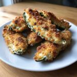A pile of crispy, golden-brown baked jalapeño poppers stuffed with cream cheese on a white plate.