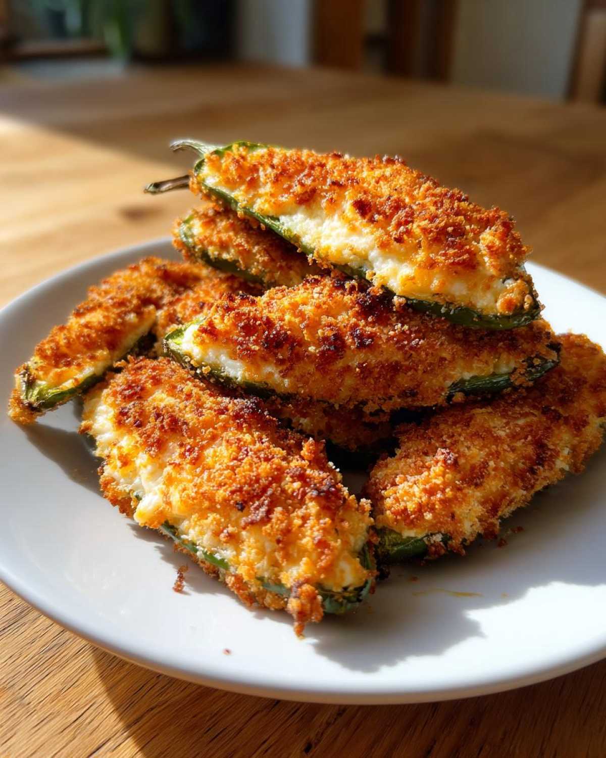 A stack of crispy, breaded jalapeño poppers filled with white cheese, sitting on a white plate.