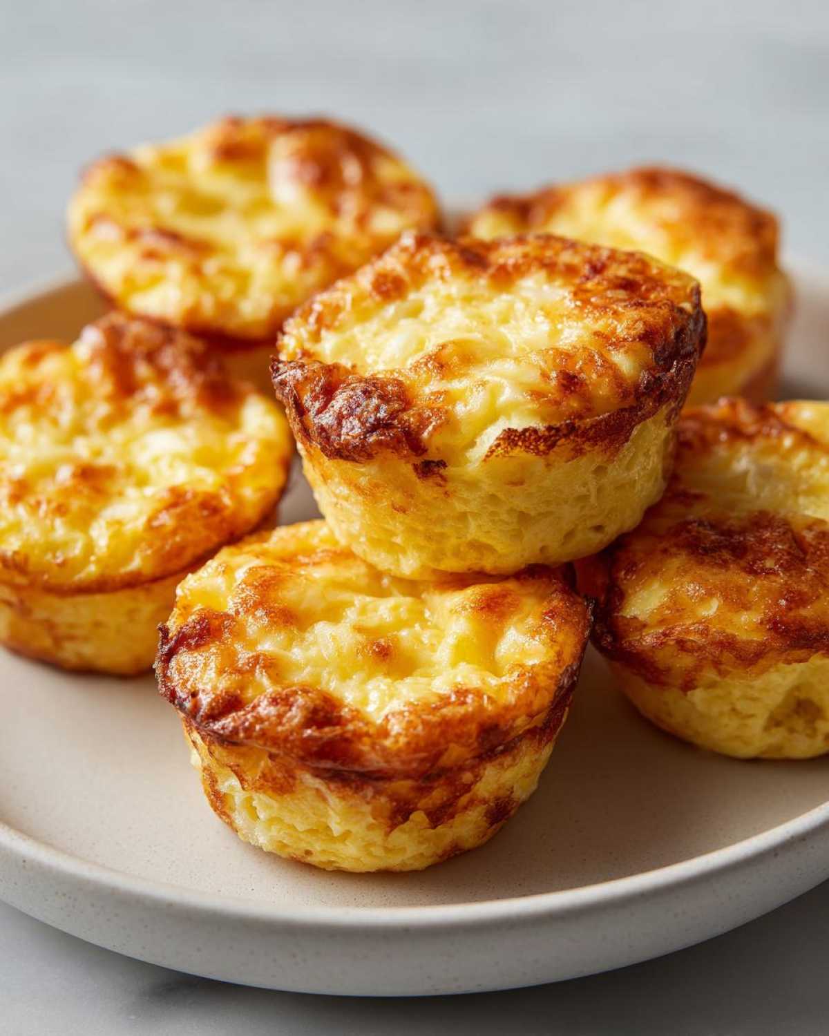 A close-up of several golden brown, fluffy egg bites stacked on a light-colored plate.