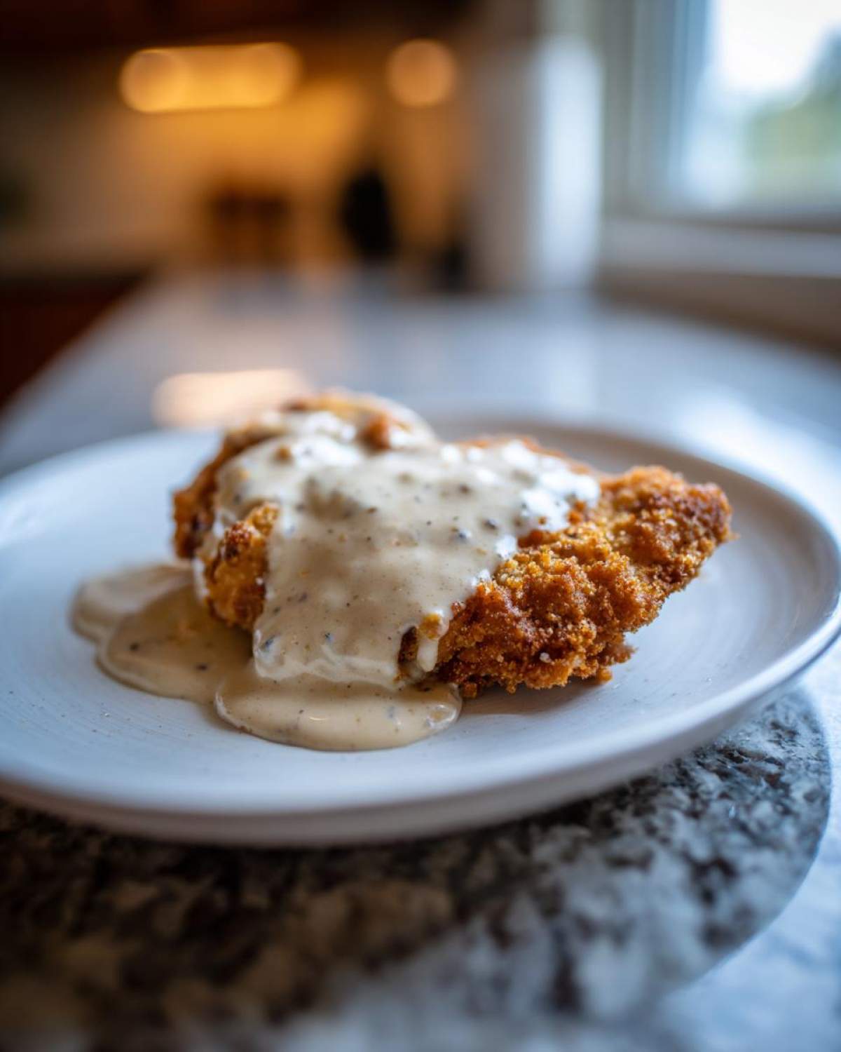 A perfectly crispy piece of chicken fried steak smothered in creamy, speckled country gravy on a white plate.