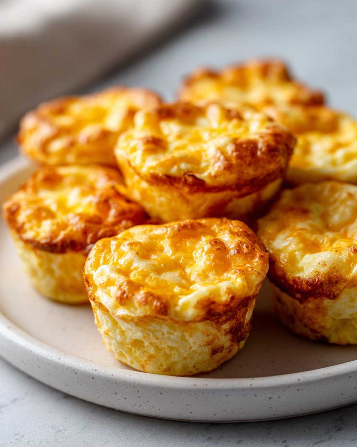 A close-up of several fluffy, golden brown homemade egg bites arranged on a speckled white plate.